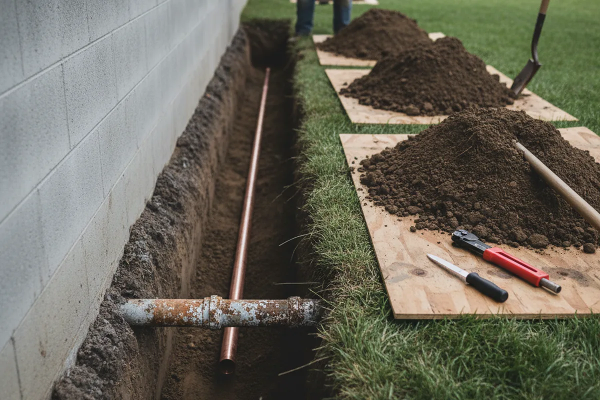 Excavated water line trench during Water Softener Installation in Ripley